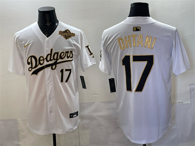 Men's White Gold Los Angeles Dodgers #17 Shohei Ohtani 2025 World Series Patch Limited Stitched Baseball Jersey